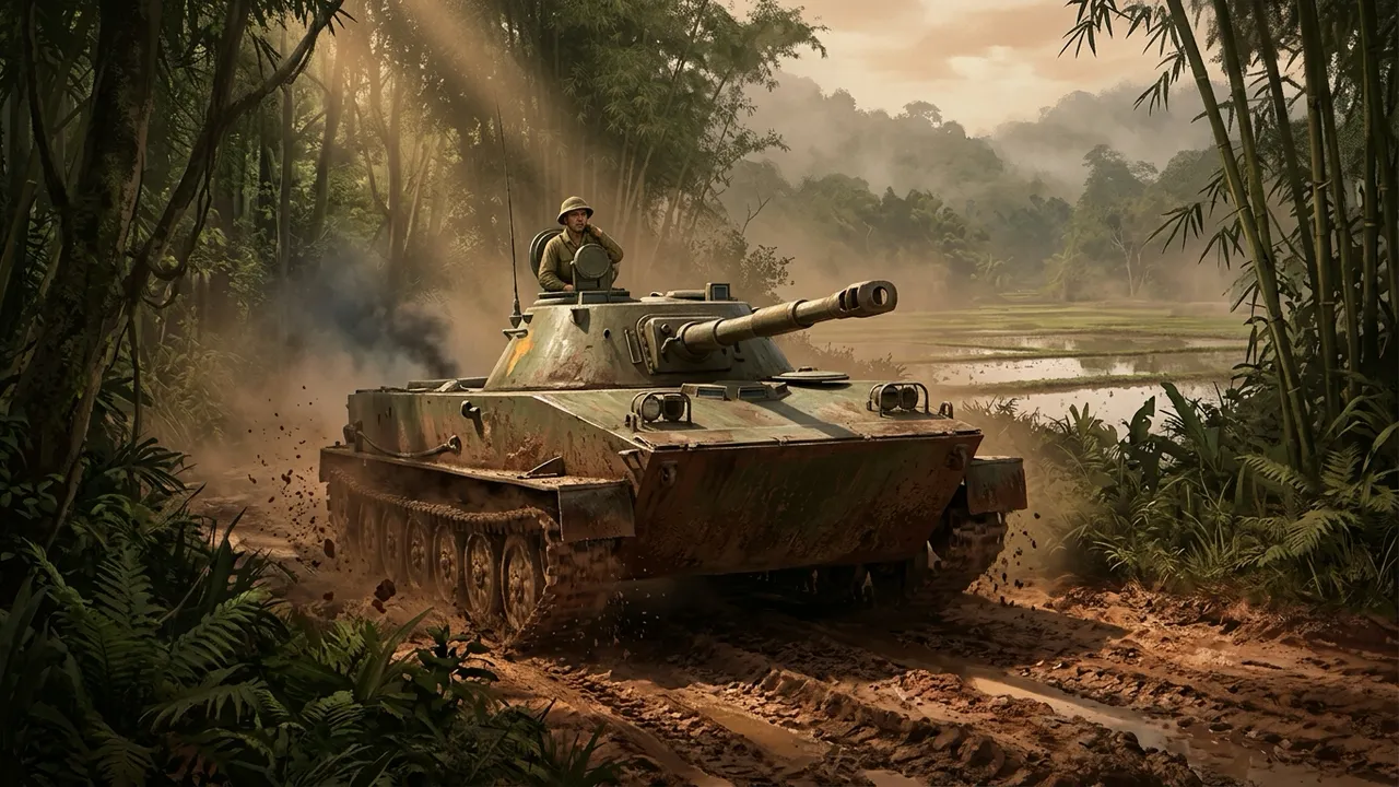 A North Vietnamese amphibious light tank emerging from a jungle treeline onto a dirt road
