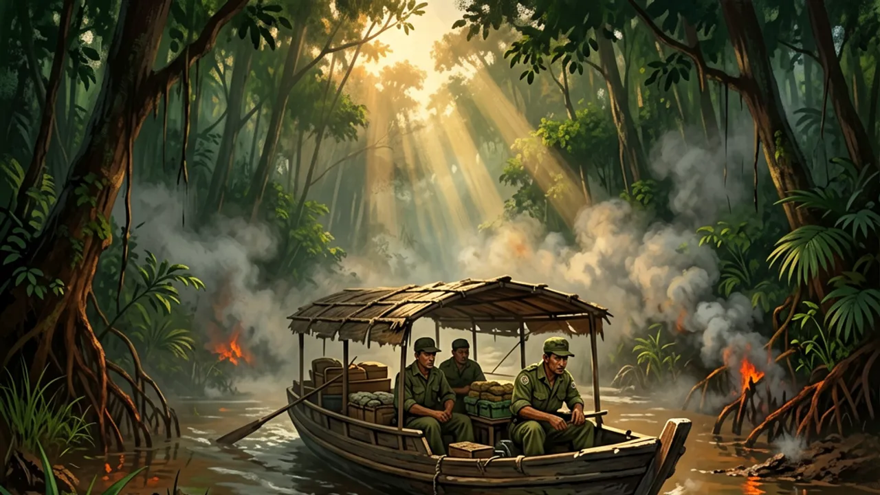 A wooden river sampan gliding through narrow mangrove channels carrying supplies