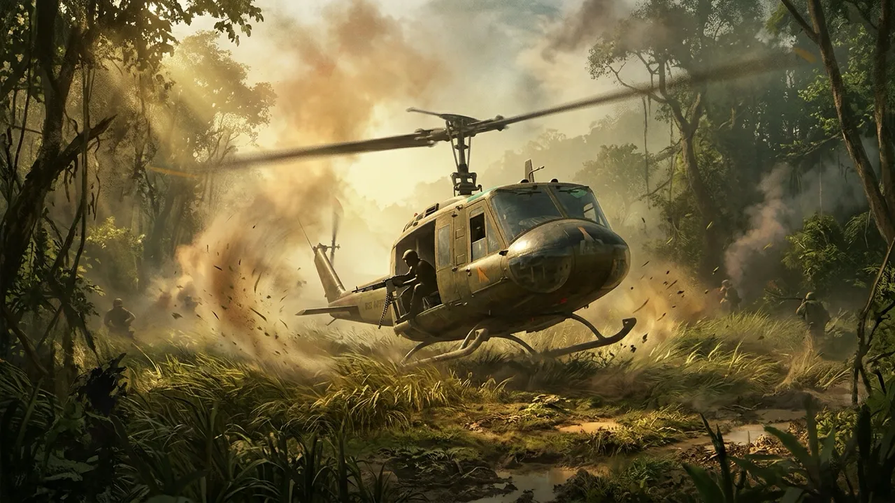 A US UH-1 Huey helicopter flaring to land in a jungle clearing, rotor wash flattening grass