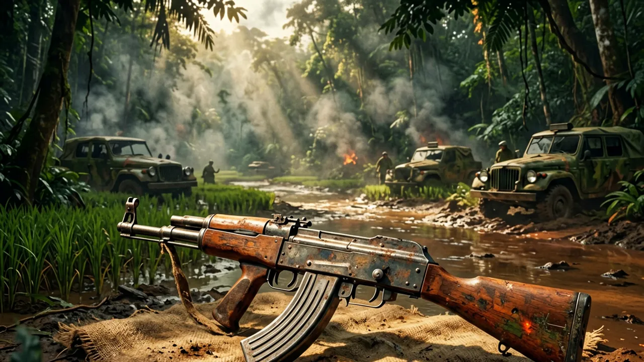 A 1960s Soviet-pattern assault rifle with a curved magazine on rough cloth