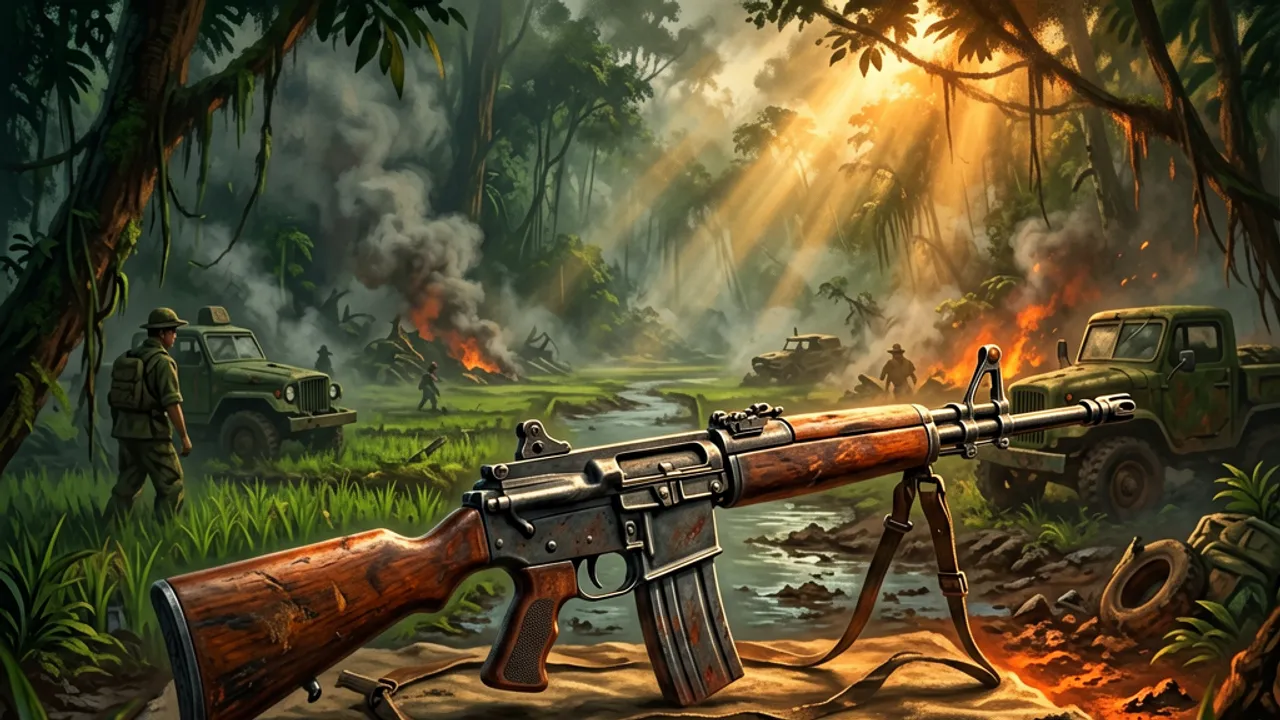 A 1960s US battle rifle with a wooden stock displayed on dark canvas