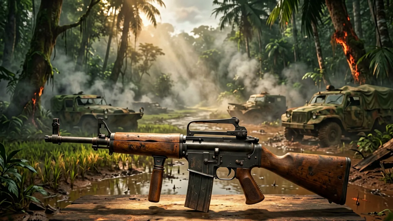 A 1960s US service rifle displayed on dark weathered wood