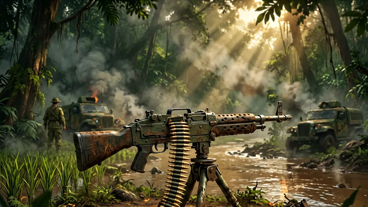 A 1960s US belt-fed machine gun mounted on a bipod with an ammo belt
