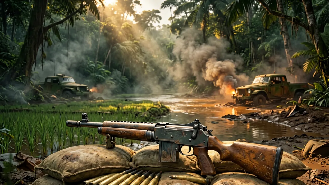 A 1960s US break-action grenade launcher laid across sandbags with a row of rounds