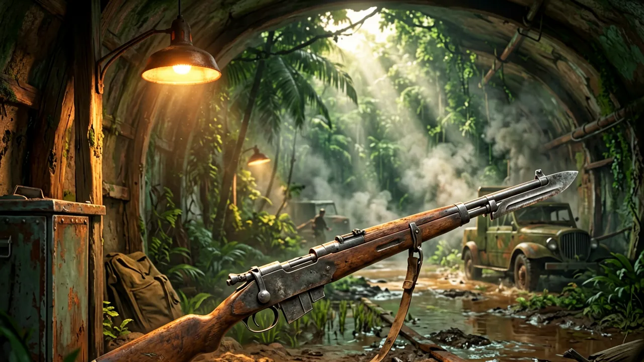 A worn WWII-era bolt-action rifle with a long bayonet in a tunnel armory