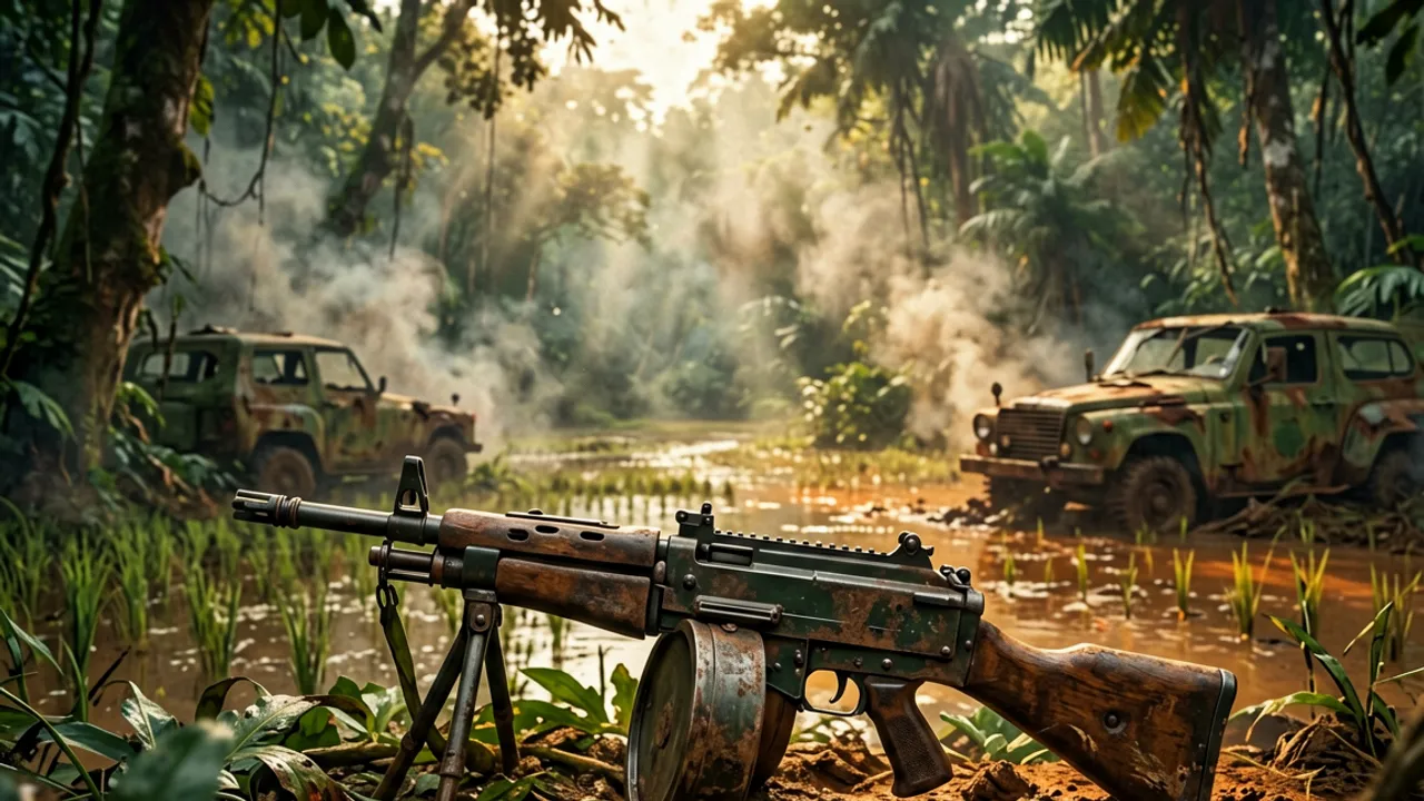 A 1960s Soviet-pattern light machine gun with a drum magazine on jungle foliage