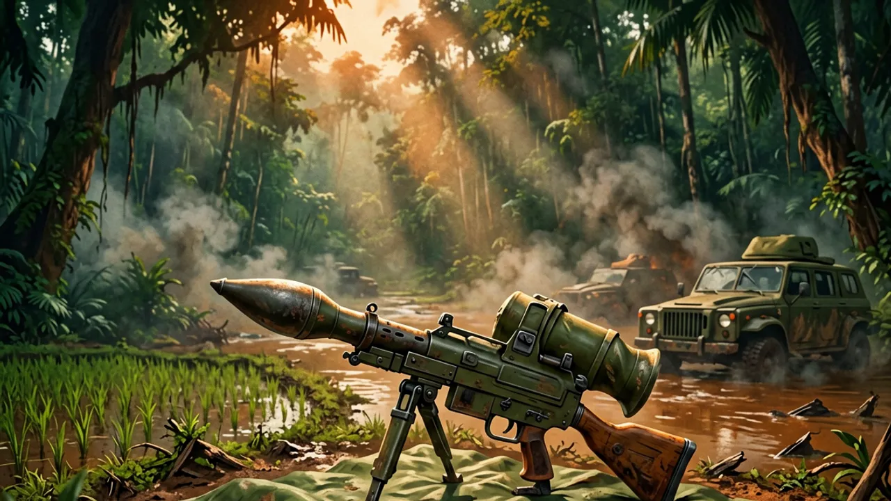 A 1960s shoulder-fired anti-tank rocket launcher with a warhead on a poncho