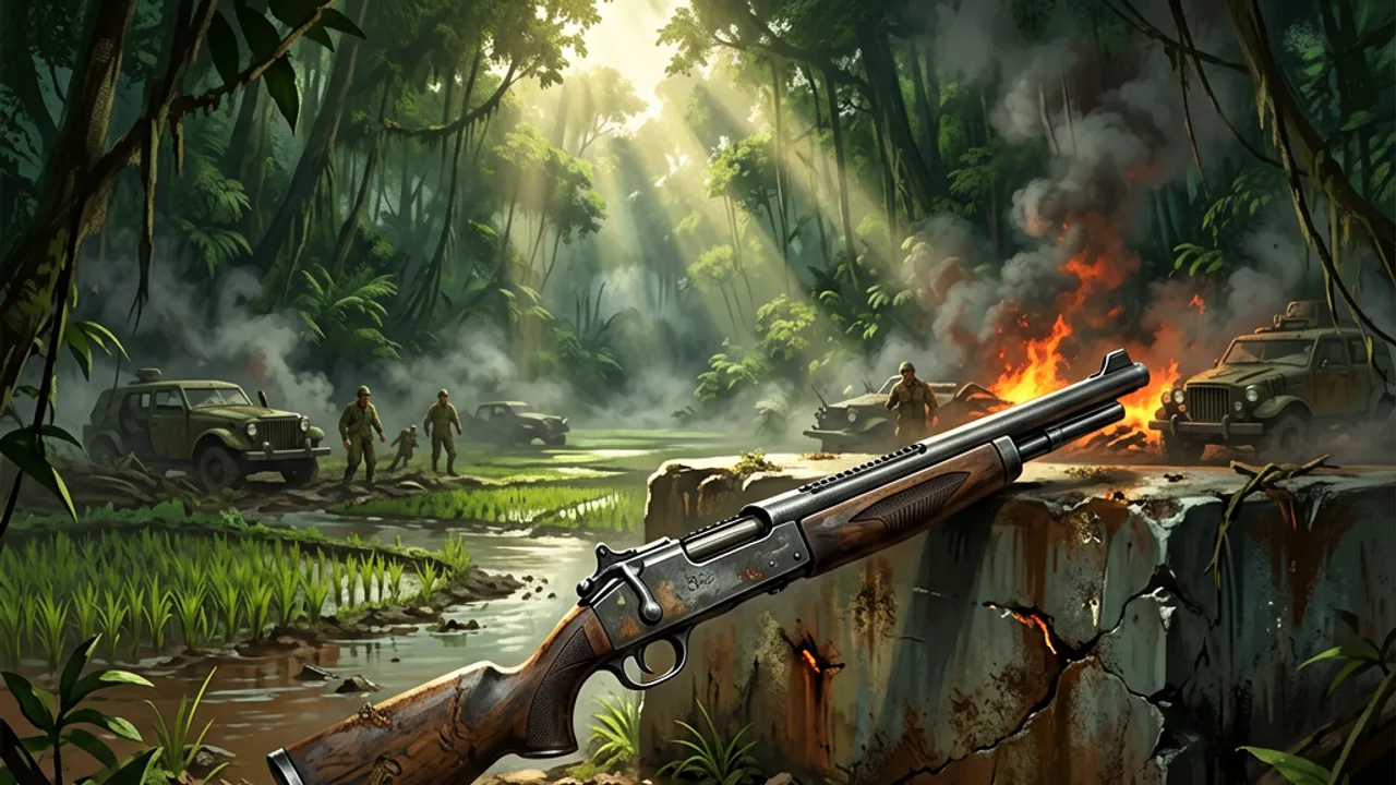 A 1960s pump-action trench shotgun leaning against a jungle bunker wall