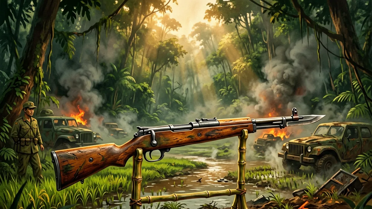 A 1960s Soviet-pattern semi-automatic carbine with a folding bayonet on bamboo