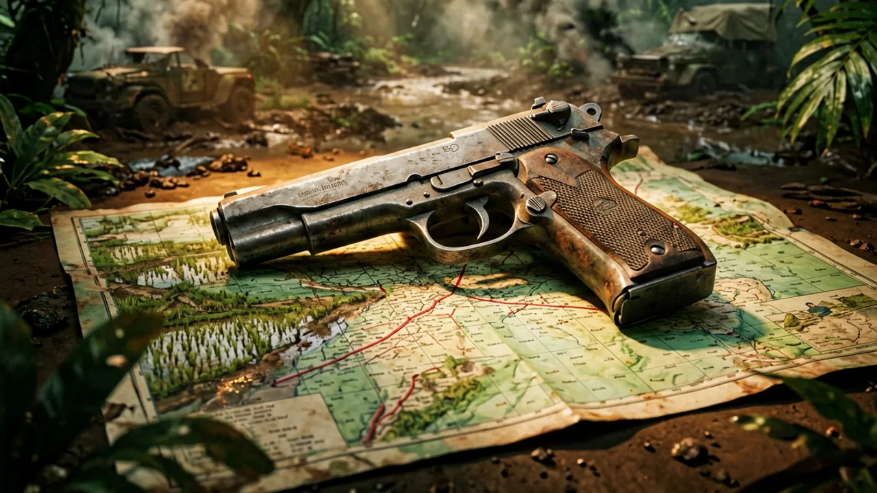 A 1960s Soviet-pattern service pistol on a field map under lamplight