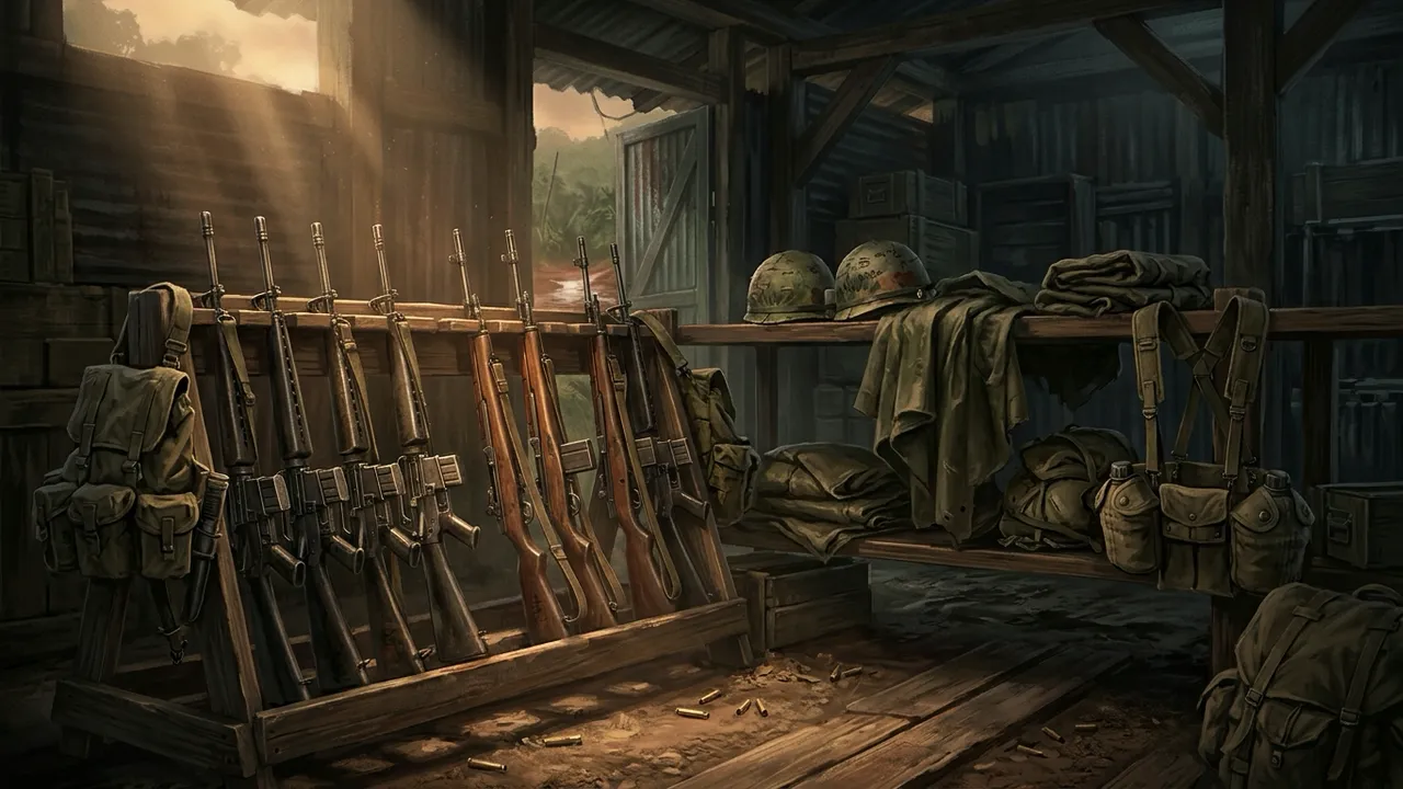 A rack of era-accurate 1960s Vietnam War infantry rifles in an armory